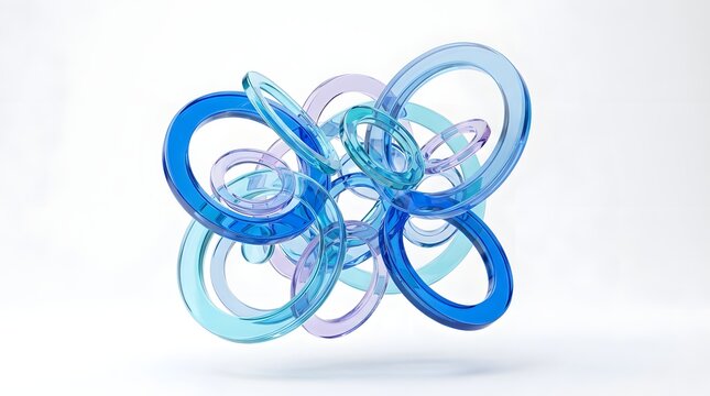 Abstract composition of floating translucent blue and purple glass rings, isolated on white background