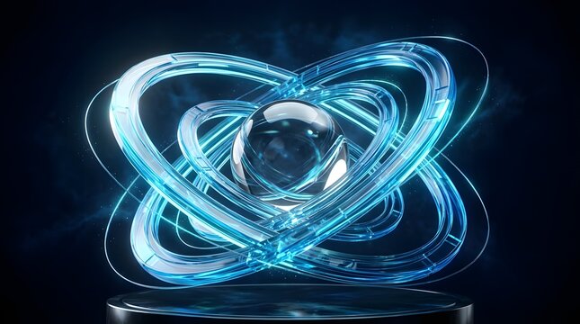 Abstract 3d render of a glowing blue crystal sphere surrounded by rotating rings on a dark background