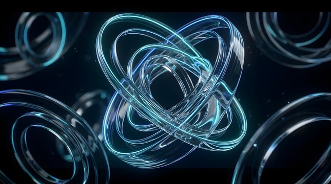 Abstract 3d render of glowing blue glass rings orbiting in a dark space, futuristic technological motion graphics style