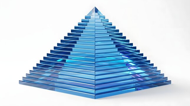 Abstract blue glass pyramid structure isolated on white background