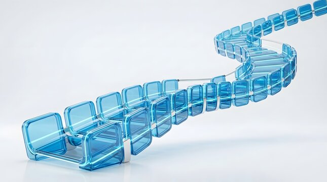Abstract staircase structure made of translucent blue glass cubes, winding path design, isolated on white background
