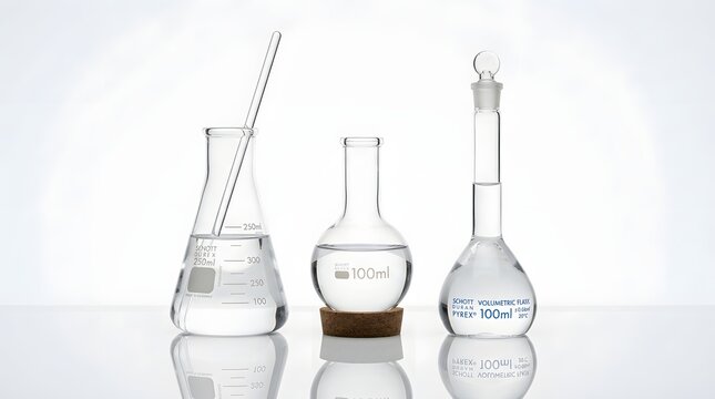 Laboratory glassware including erlenmeyer flask, round bottom flask, and volumetric flask with clear liquid isolated on white background