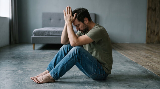 Man sitting on floor, head in hands, looking down, symbolizing sadness, despair, and solitude in a minimalist room.