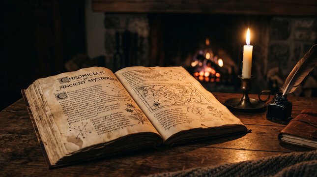 An ancient open book with parchment pages and script, beside a lit candle and quill, symbolizing knowledge, history, and mystery