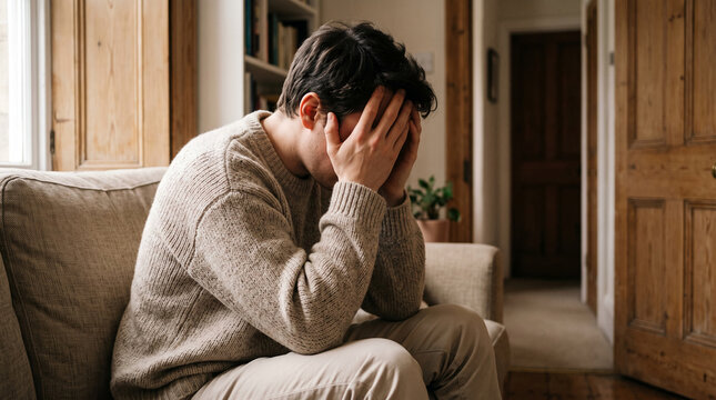 A person with head in hands sits on a sofa, displaying distress or sadness, representing mental health and emotional struggles.