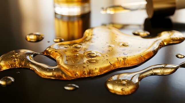 Closeup of golden cosmetic oil serum drops on a dark reflective surface with a blurred dropper bottle in the background