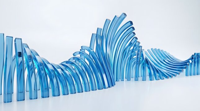 Abstract wave composition of blue glass bars arranged in a rhythmic pattern, isolated on white background