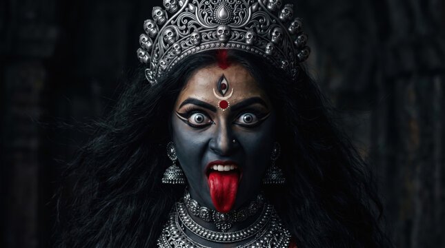 Maa Kali face surrounded by stylized skull-inspired silver ornaments with dark cinematic lighting for Diwali