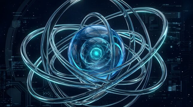 Abstract 3d digital illustration of an atom with glowing nucleus and orbiting metallic rings on a dark tech background