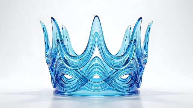 Elegant blue glass crown with flowing wave patterns, isolated on white background