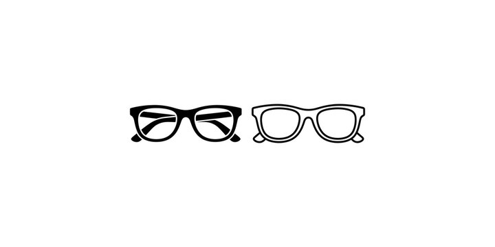 Black frame eyeglasses outline and silhouette icons on transparent background.