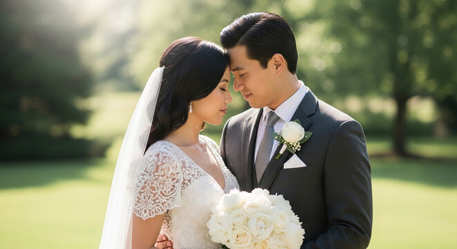 A bride and groom embrace tenderly, showcasing a moment of love and union, representative of wedding and relationship themes