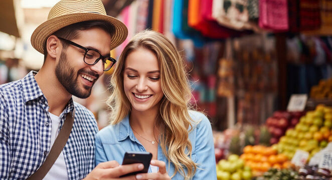 A happy couple looks at a smartphone with a colorful market in the background, symbolizing connection, travel, and shared experiences