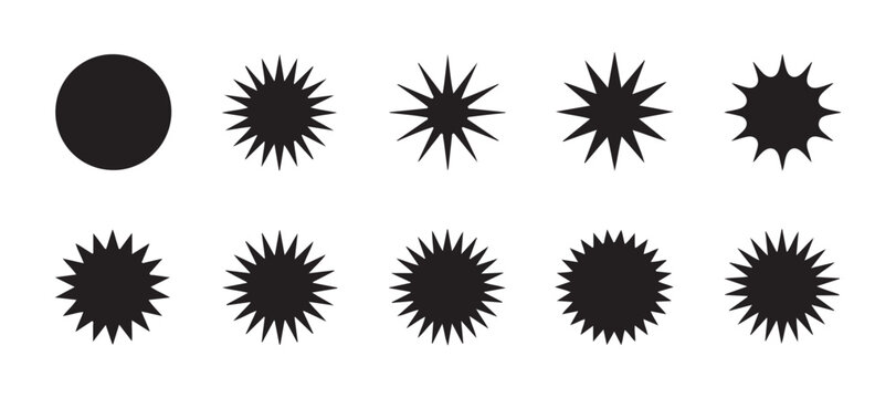 Minimalist black starburst sticker collection with diverse multi pointed geometric design shapes.