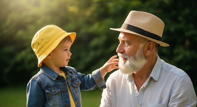 A young child in a yellow hat touches an elder's beard, symbolizing intergenerational connection and shared moments in a natural outdoor setting, representing family bonds and love.