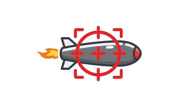 2D loop animation of a grey flying missile or bomb with trailing orange flames, being tracked and locked onto by a flashing red targeting crosshair against a white background