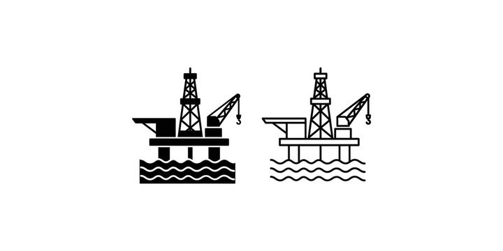 Offshore oil platform icon set with drilling rig and crane over wavy ocean surface for industrial energy sector concepts.