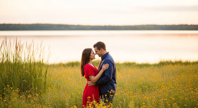 Couple embracing in a field of yellow flowers by a lake, symbolizing romance and natural beauty, perfect for love and relationship themes