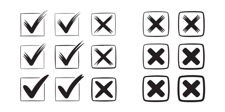 Hand drawn check and cross mark icons in square frames for selections and indications.