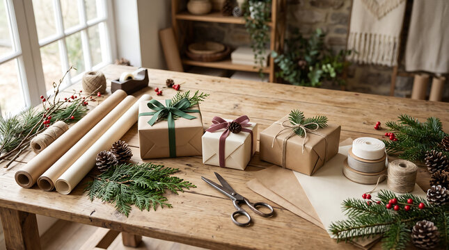 Rustic christmas gift wrapping station with brown paper rolls twine and fresh evergreen branches on a wooden table