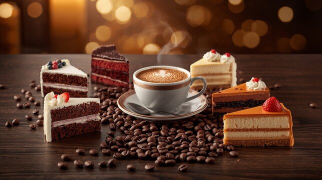 Cup of coffee with bundle of cake slice and coffee beans on old wooden background