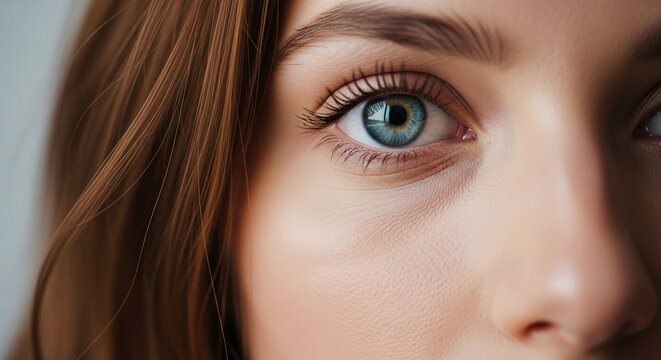 Extreme close-up of a human eye with blue iris and long lashes, adjacent to flowing brown hair. Symbolizes natural beauty, detail, and perception.
