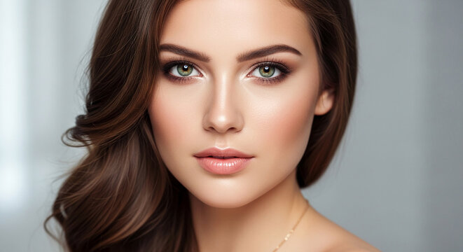 Portrait of a woman with brown wavy hair, green eyes and pink lips, showcasing natural beauty and elegance, perfect for beauty or lifestyle concepts