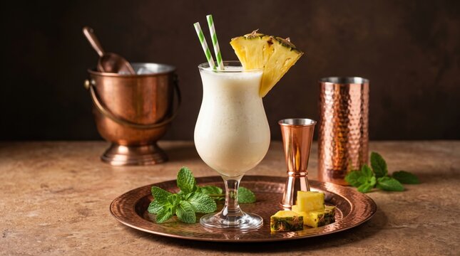 Creamy pina colada cocktail in a hurricane glass garnished with fresh pineapple wedges and green striped straws on a rustic copper tray with mint leaves and bar tools on a dark brown background