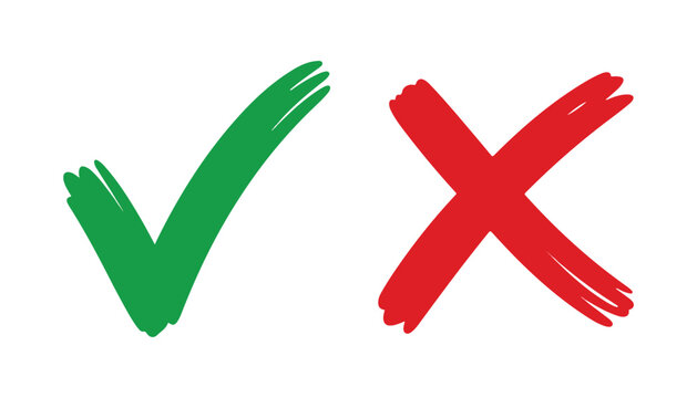 Textured green tick and red x mark icons display artistic painted aesthetic for correct or false.