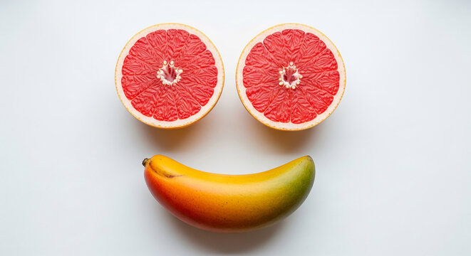 Two grapefruit halves form eyes, a curved mango forms a smile, creating a playful face concept, symbolizing joy and healthy eating