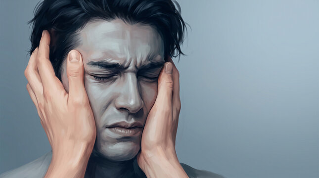 Close-up digital painting of a man with hands pressed to temples, eyes closed, conveying pain or stress, representing mental anguish and distress.