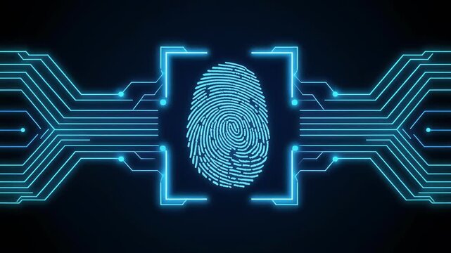Close-up of a glowing blue fingerprint on dark background for biometric security