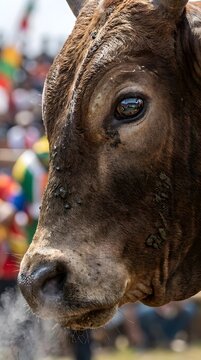 Close-up of a brown bull's head with steaming nostrils.