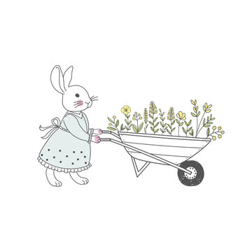 Cute rabbit in a dress pushing a wheelbarrow full of flowers vector illustration, children book style design