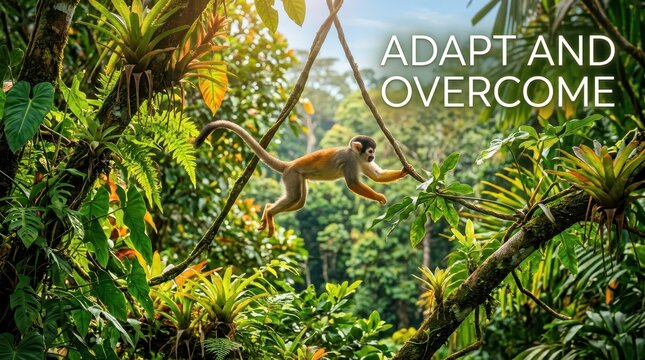 Agile Squirrel Monkey Swings Through Lush Tropical Rainforest Canopy