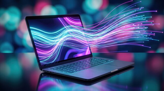 Laptop computer screen displaying glowing neon blue and magenta fiber optic light trails emerging into a dark room with a blurred bokeh background of colorful circles