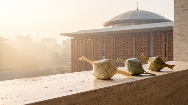 Ketupat rice dumplings placed on a stone ledge with a mosque building in the background during morning light