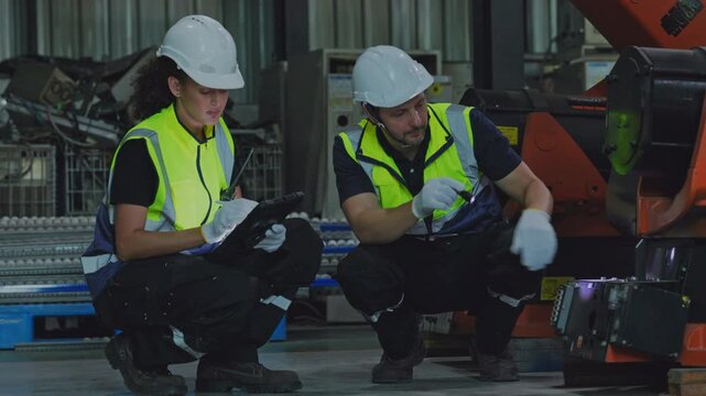 Industrial worker and engineer inspection of factory machinery and industrial robot during maintenance and quality control, wearing safety helmet and protective clothing with focused teamwork