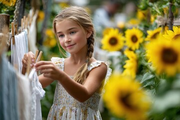 Fototapeta premium Child hangs clothes on a line surrounded by sunflowers in a garden