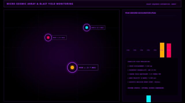 Futuristic Digital HUD Interface Showing Micro Seismic Array and Blast Yield Monitoring Data Display