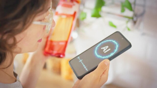 A housewife in the kitchen discusses a pasta recipe with an AI assistant on her smartphone while holding the package. Idea of artificial intelligence as a modern kitchen companion