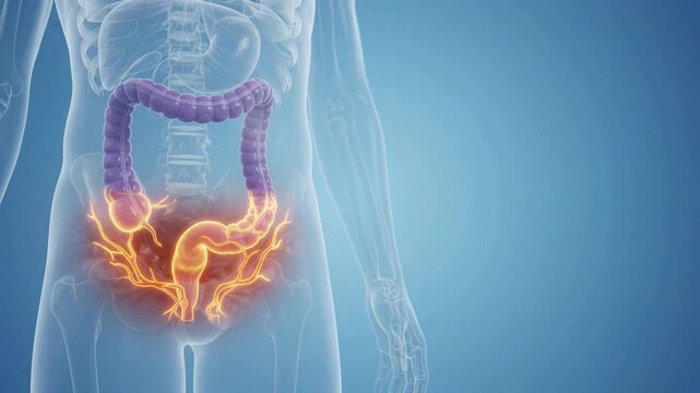 3D medical illustration video showing the human large intestine and colon within a translucent body on a blue background.