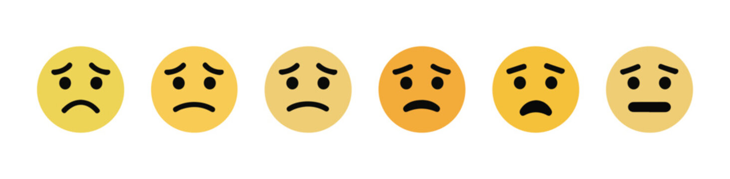 Sad face emoji set vector icons in different shades of yellow for negative emotions.