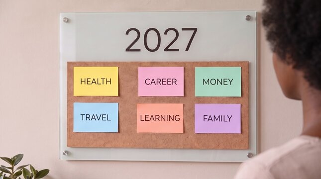 2027 goals vision board &mdash; black woman from behind, glass cork board with colorful square sticky notes health career money travel learning family

