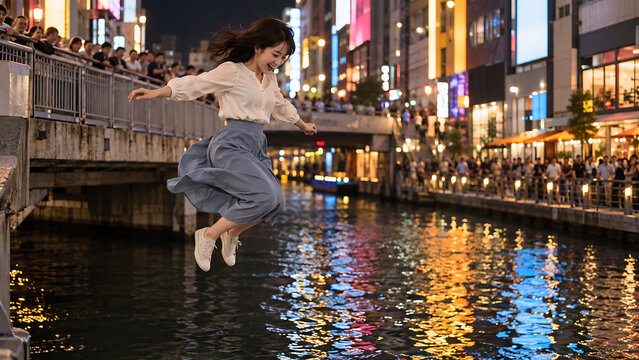 青灰色のスカートをなびかせて笑みを浮かべネオンネオン輝く川へ跳ぶ女性