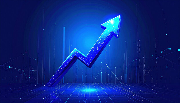 Glowing blue arrow rising in digital space for business growth concept 3
