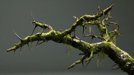 Fototapeta premium Gnarled thorny tree branch covered in moss