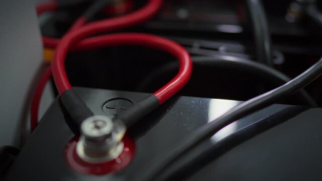A smooth camera movement reveals the polarity mark on the red battery casing, surrounded by power cables and terminal connections. Concept of a battery within a power supply system