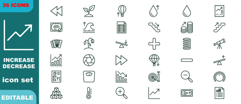 Set of 30 increase and decrease icons with various symbols and objects isolated on white background, Vector, illustration