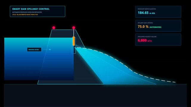 Digital Animation Showing Smart Dam Spillway Control System Managing Water Reservoir Levels